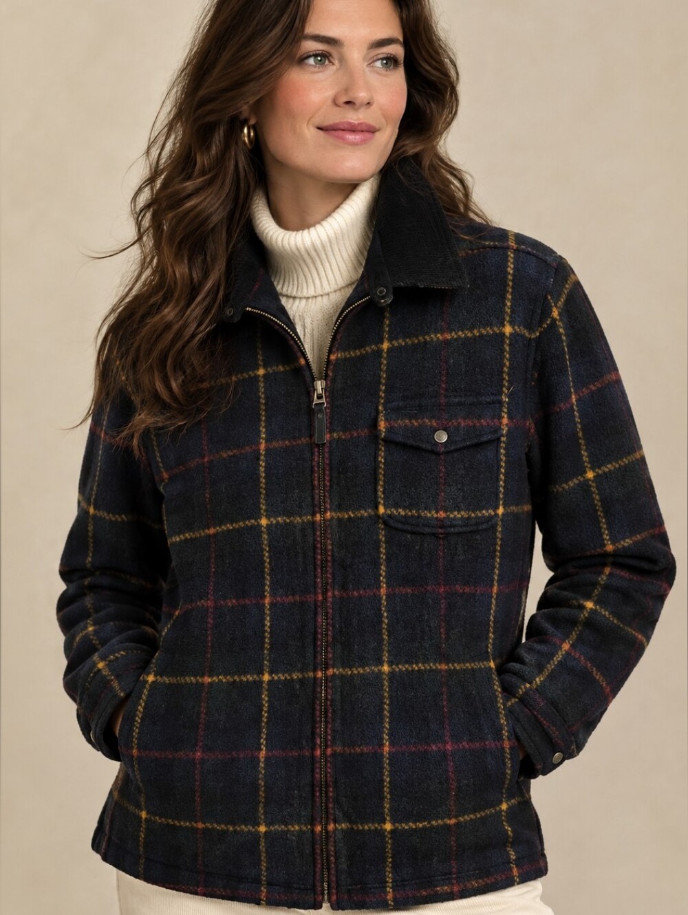 Ralph Lauren Women's Fleece Jacket Corduroy Collar Plaid Blue Green Winter M